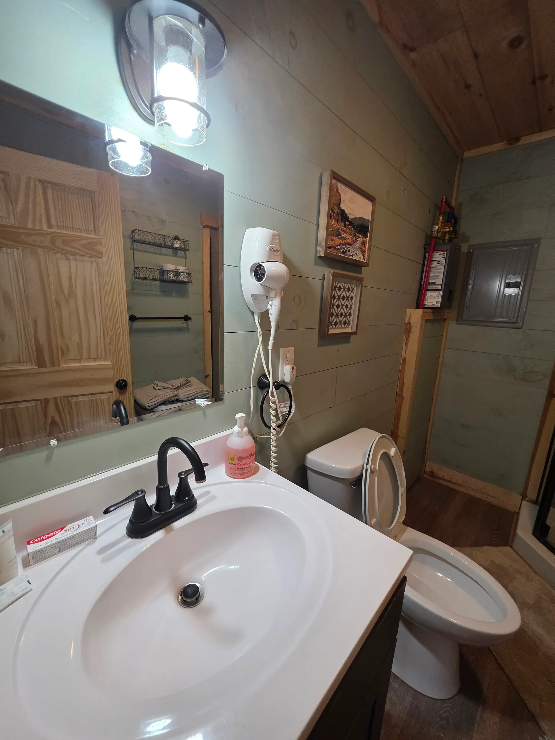Bathroom with granite vanity, glass shower, and white shiplap walls at Butterfly Ridge cabin