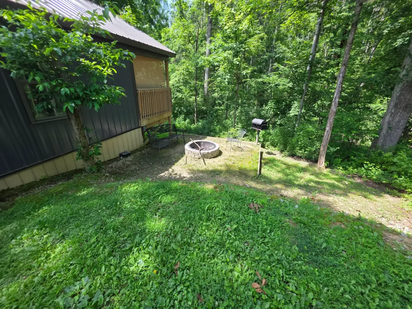 Front view of Butterfly Ridge cabin showing entrance and gravel path through the trees