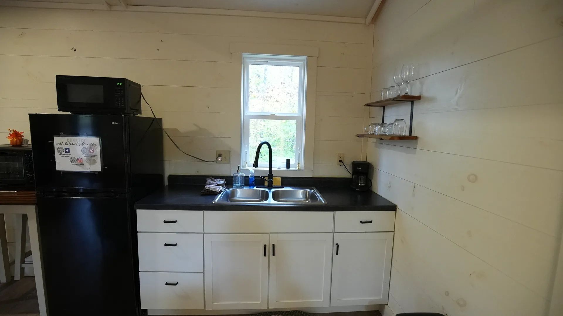 Kitchenette with sink, shelves, and forest-view window at Butterfly Ridge cabin
