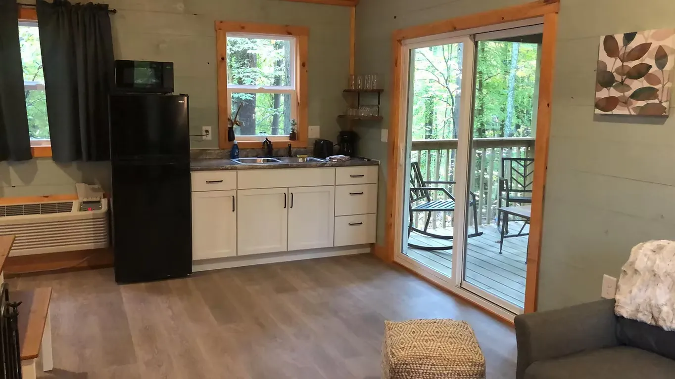 Open kitchen and living area with white cabinets, sliding door, and forest view at Dogwood Run cabin