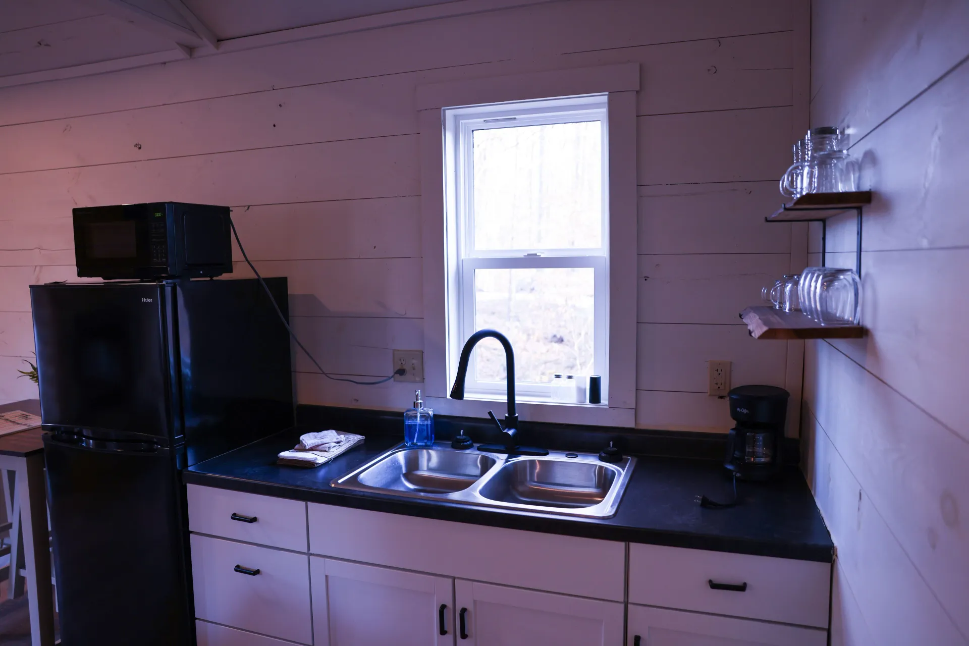 Kitchenette with white cabinets, black refrigerator, microwave, and stainless sink at Dogwood Run cabin