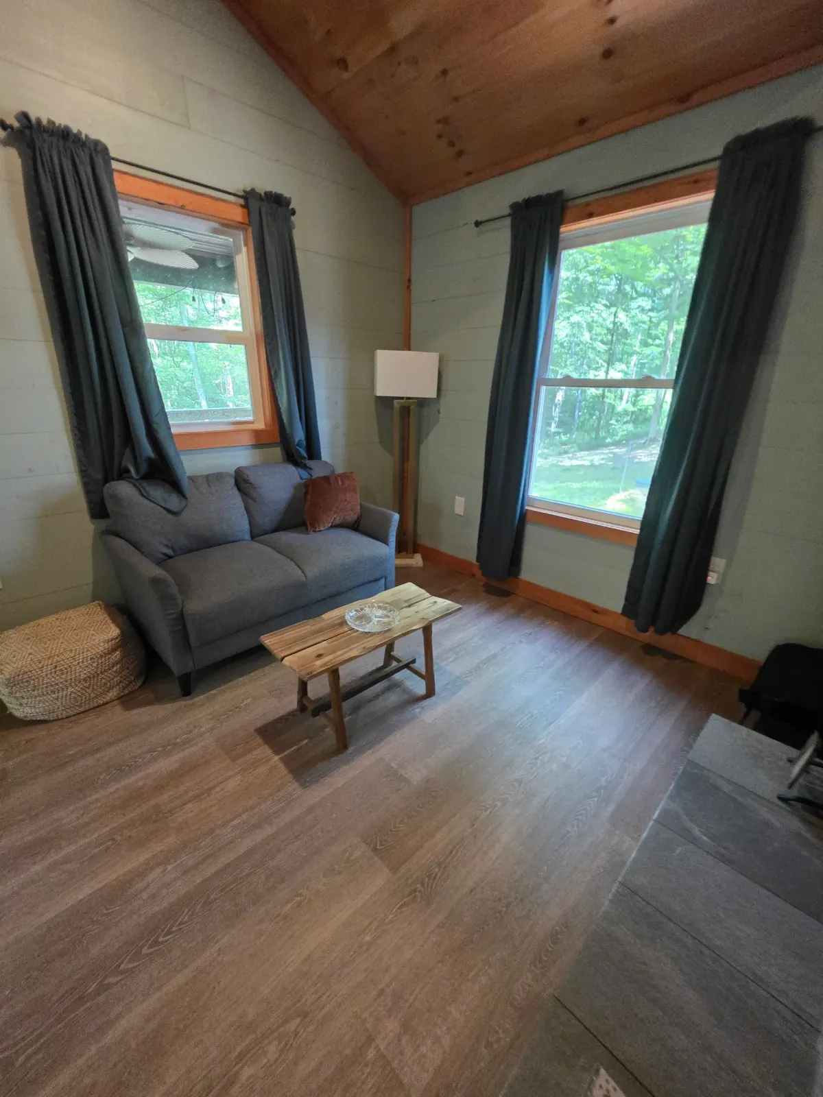 Living room with gray sofa, throw pillows, and large forest-view windows at Dogwood Run cabin