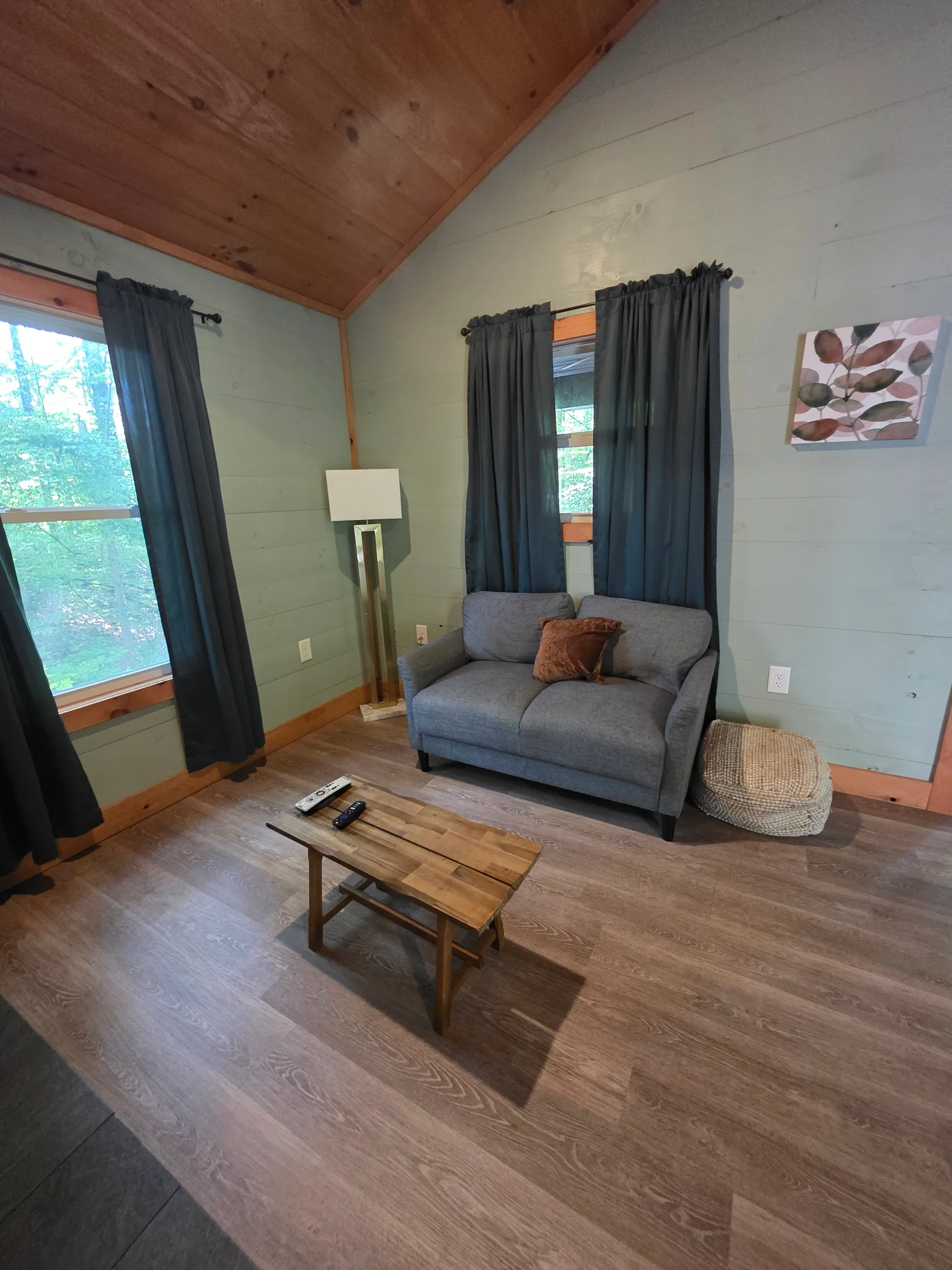 Gray sofa with throw pillows, side table, and leaf artwork at Forest Aisle cabin