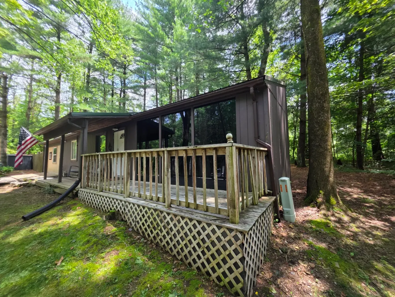 Side view of Getaway House cabin showing screened porch and deck surrounded by tall trees