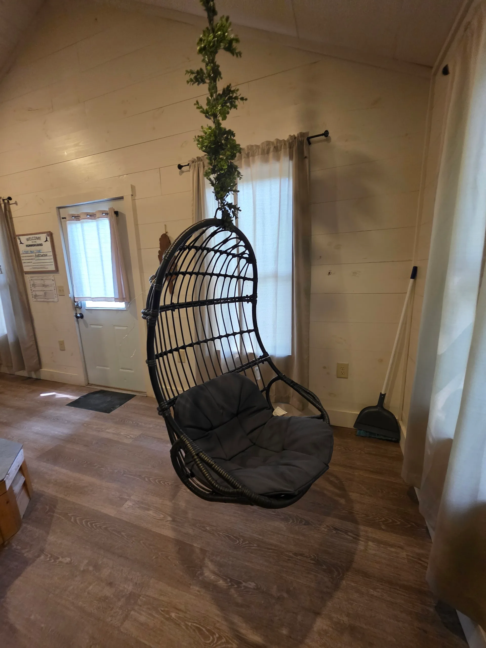 Hanging egg chair with cushion beside a sunlit window at Hummingbird cabin